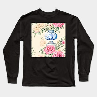 French roses in blue and white jar on pale yellow Long Sleeve T-Shirt